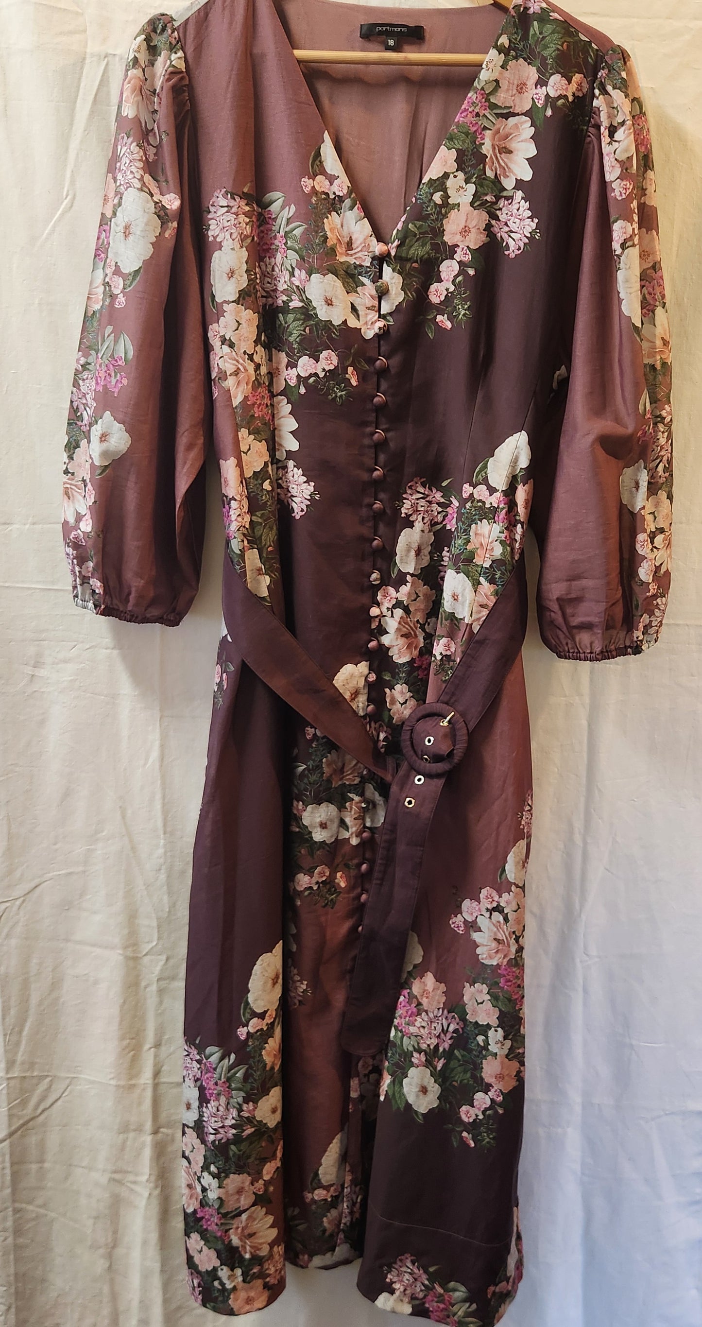 Portmans Floral Maxi Dress | Mauve Button Front Belted | Size 18