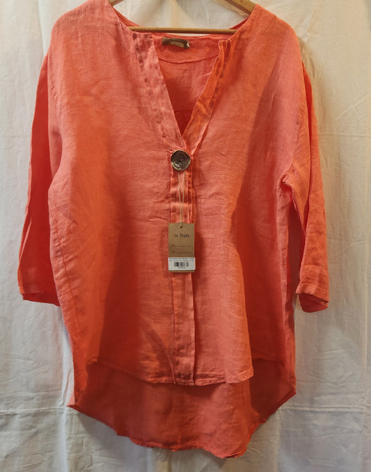 La Strada Fernanda 100% Linen Blouse Coral Size XL Made in Italy NWT