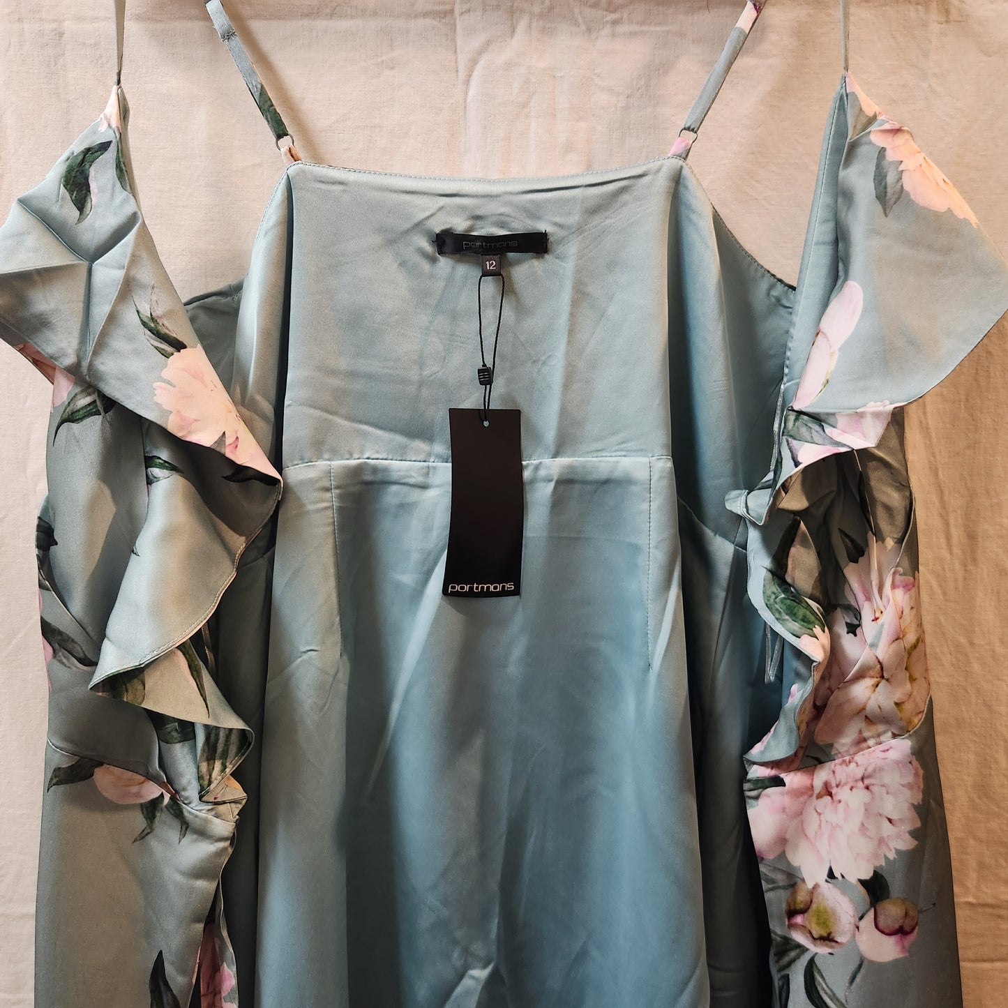 Portmans High Water Floral Mint Maxi Dress Size 12 NWT Ruffle Cold Shoulder