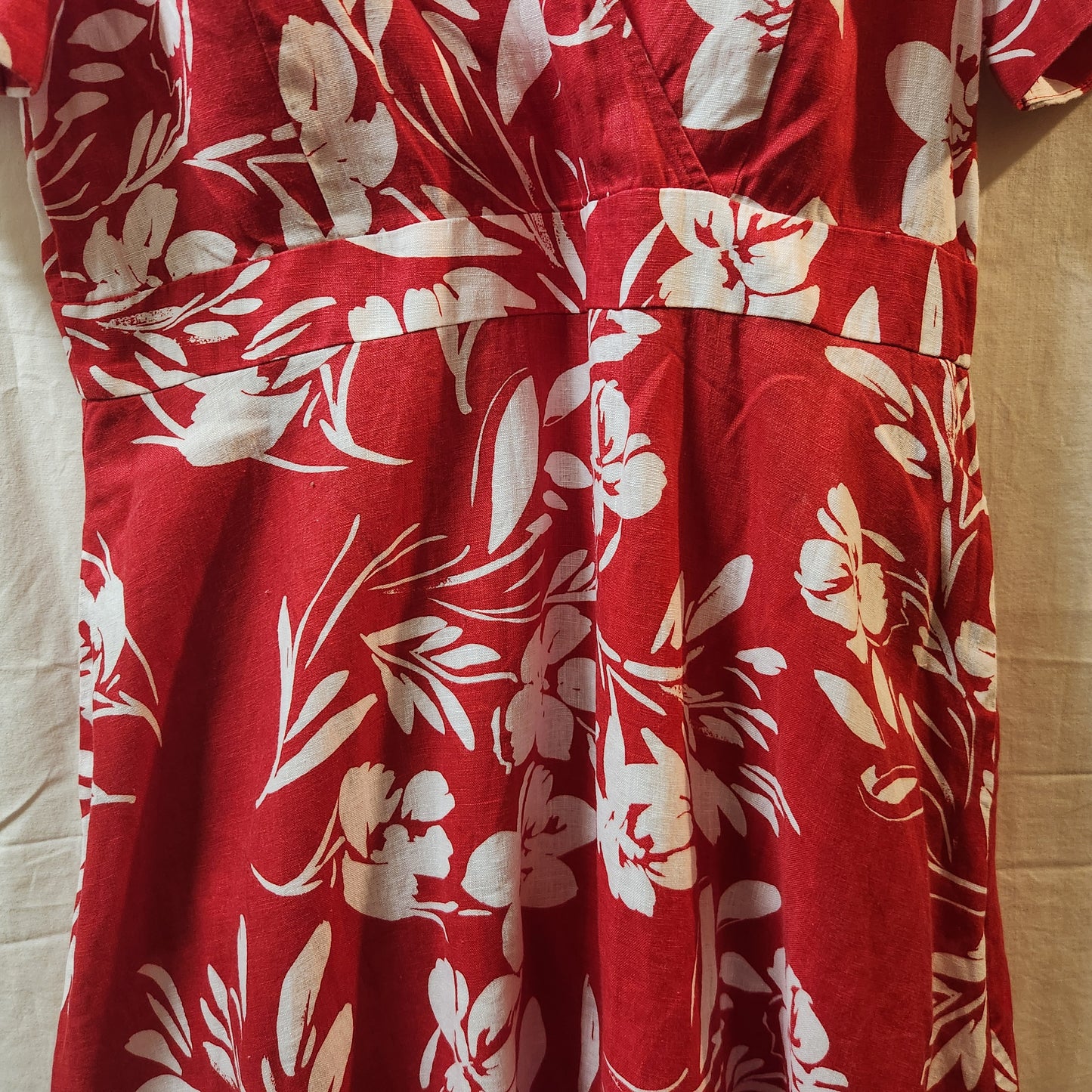 Jacqui E Linen Collection Red Floral Wrap Style Midi Dress Size 18