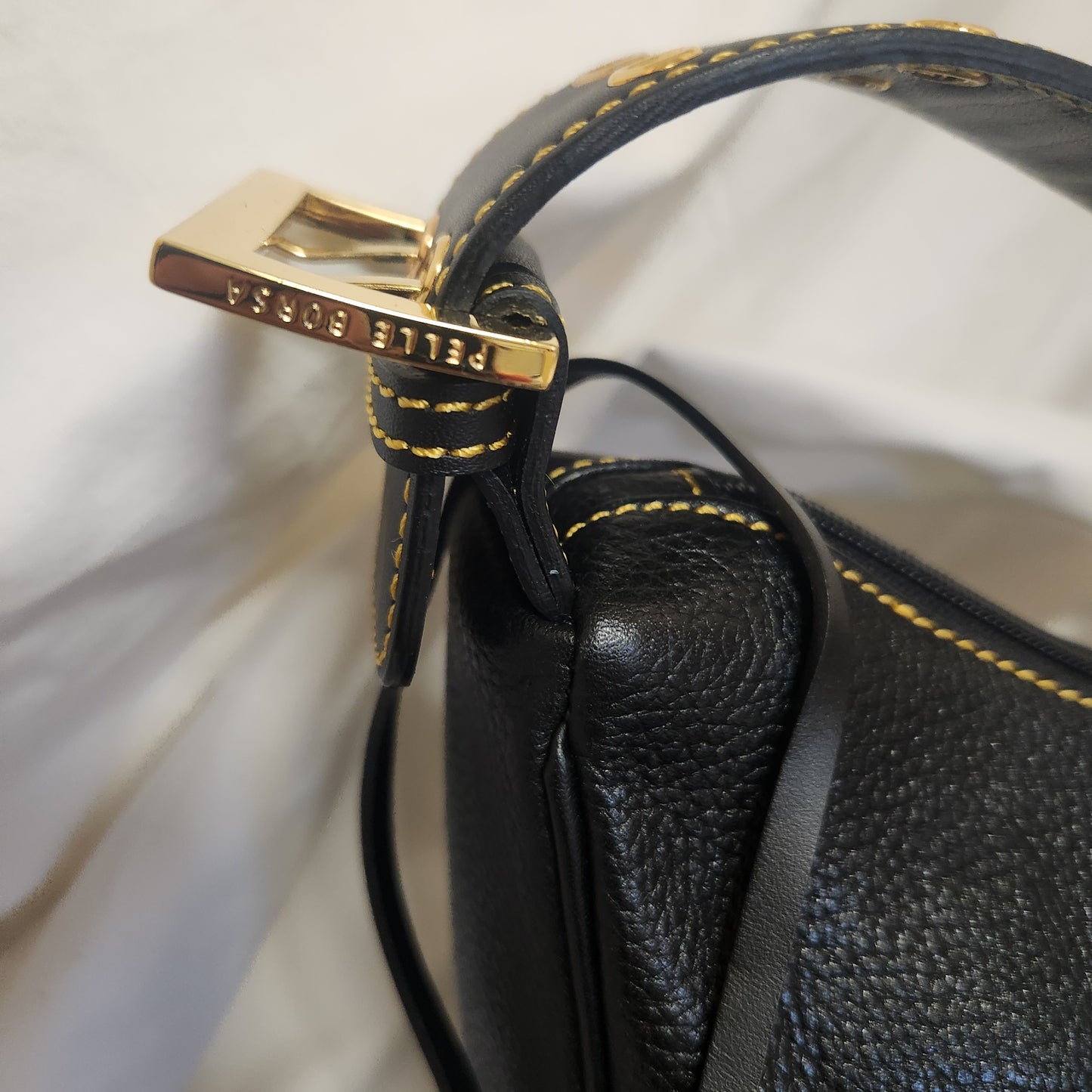 Pelle Bora Black Pebbled Leather Shoulder Bag | Gold Hardware | Dust Bag Included