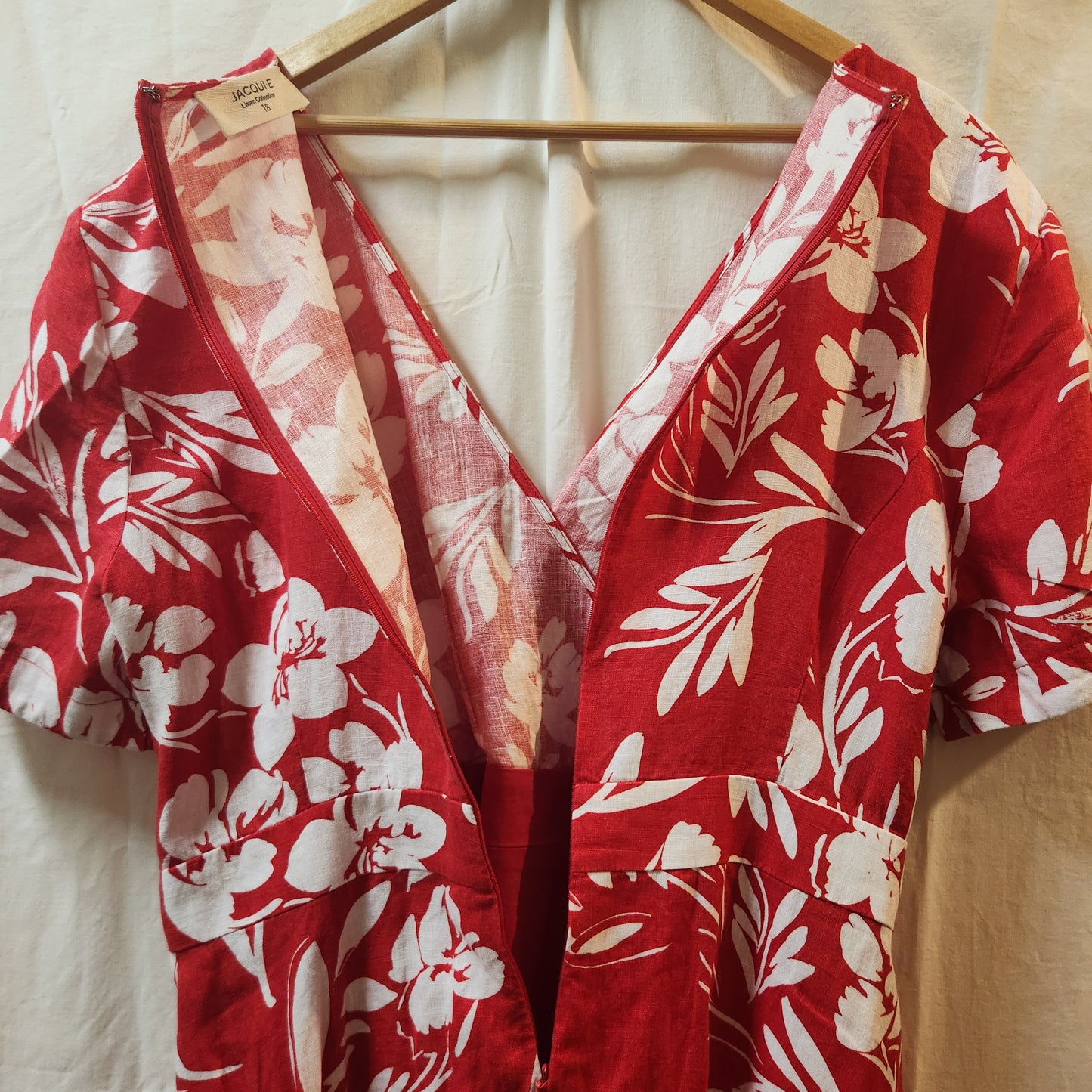 Jacqui E Linen Collection Red Floral Wrap Style Midi Dress Size 18