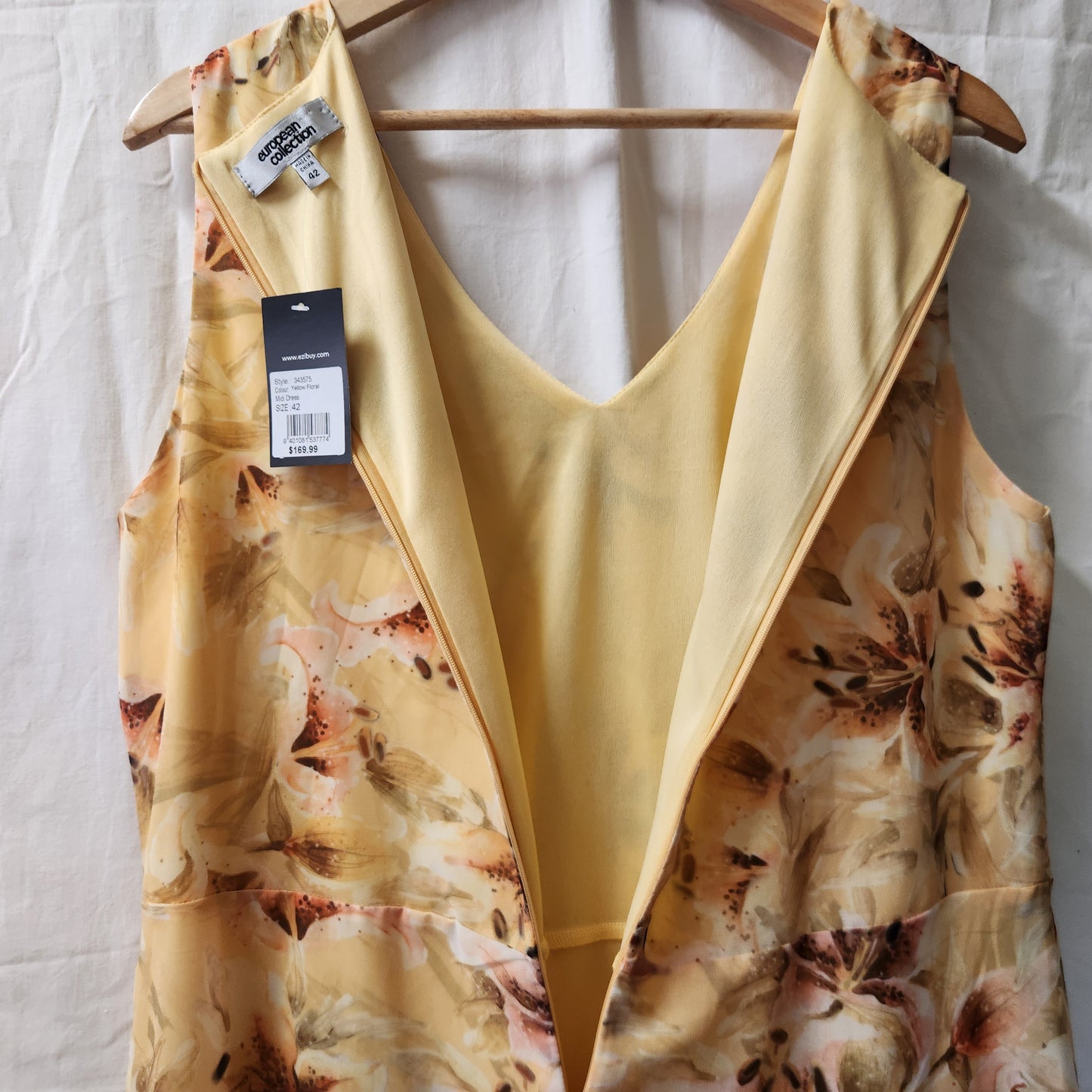 European Collection Yellow Floral Midi Dress Size 42 BNWT Sleeveless Lined Elegant