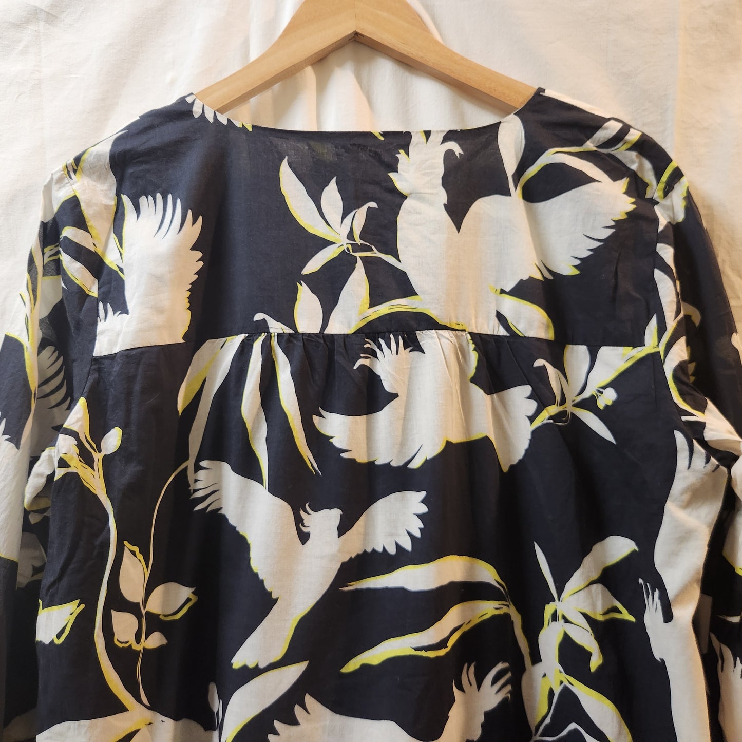 Seafolly Australia Bird Print Tiered Mini Dress Navy White Long Sleeve Size L
