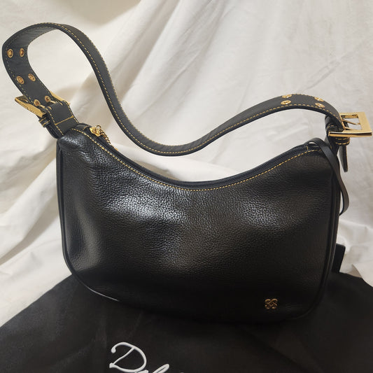 Pelle Bora Black Pebbled Leather Shoulder Bag | Gold Hardware | Dust Bag Included