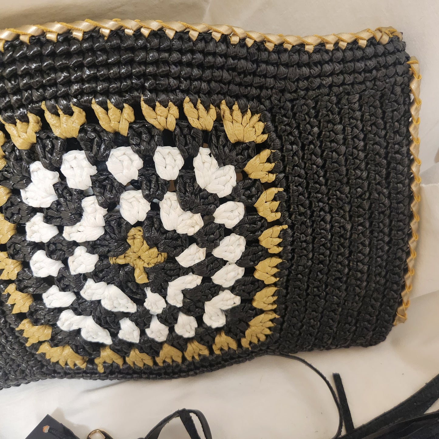 TALI Handmade Woven Clutch | Black, White & Gold Artisan Zip Pouch with Leather Tassel