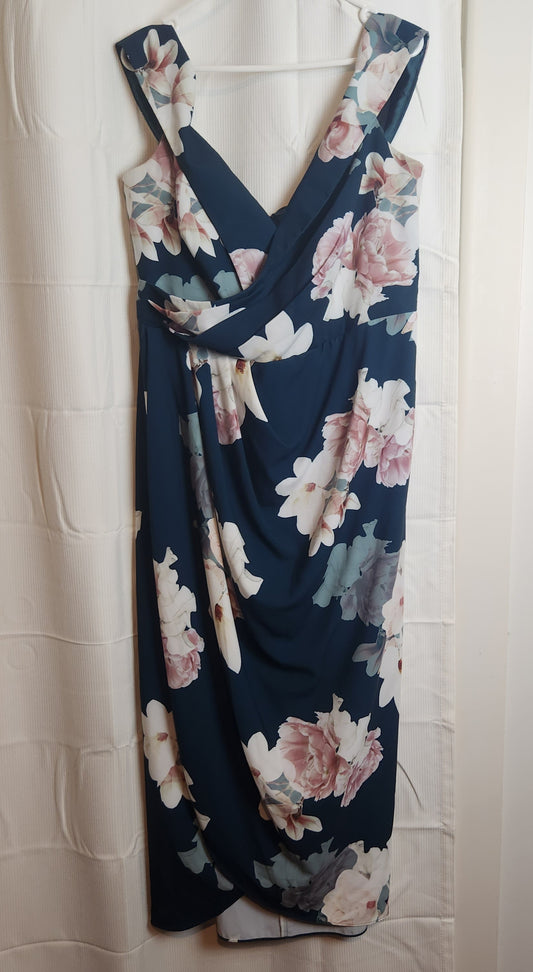 City Chic Navy Floral Draped Midi Dress – Size S