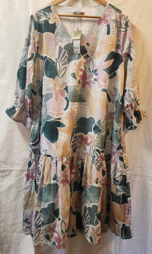 Yarra Trail Watercolour Blooms Cotton Tiered Midi Dress Size 18 NWT