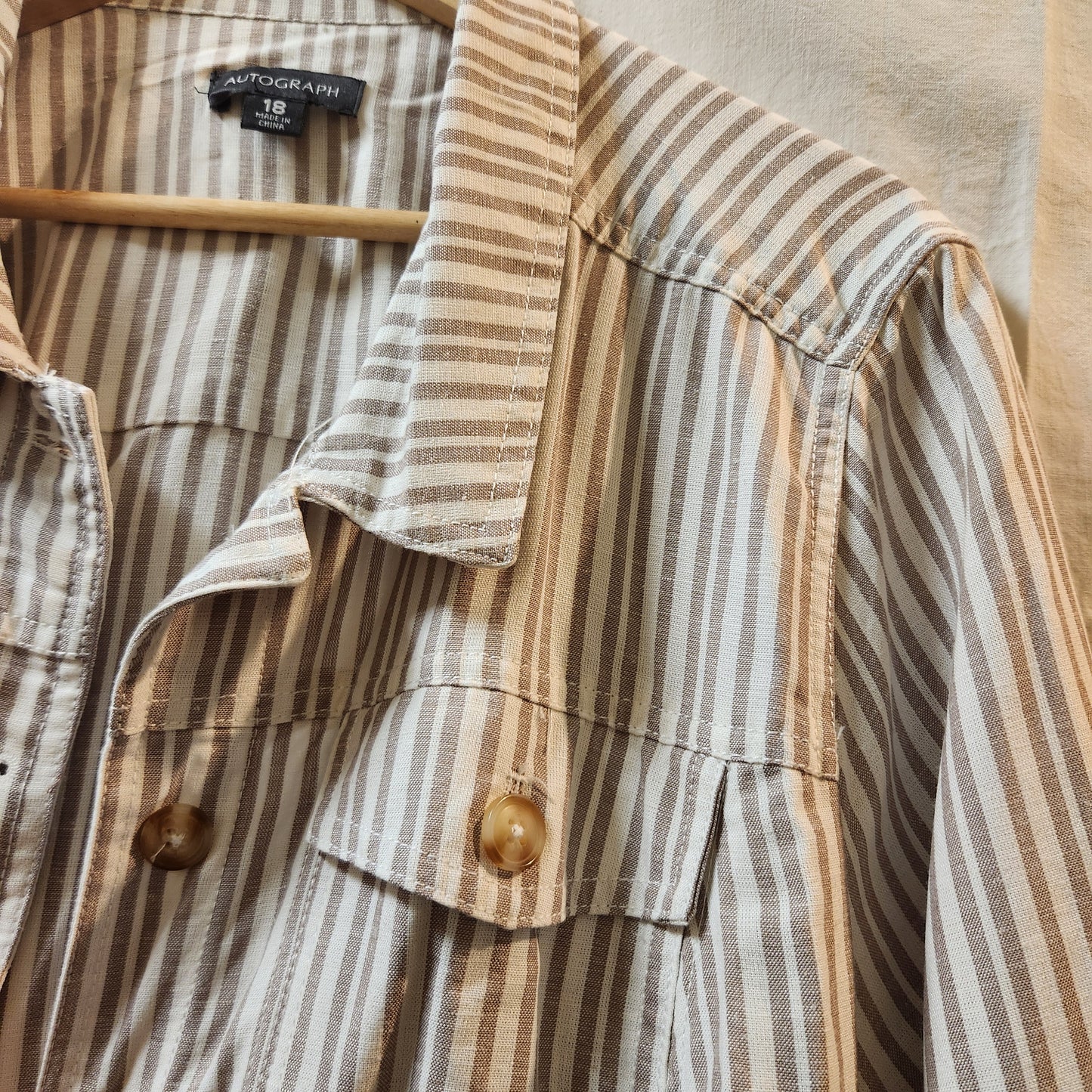 Autograph Linen Blend Stripe Utility Jacket Size 18 Taupe White Lightweight Women's