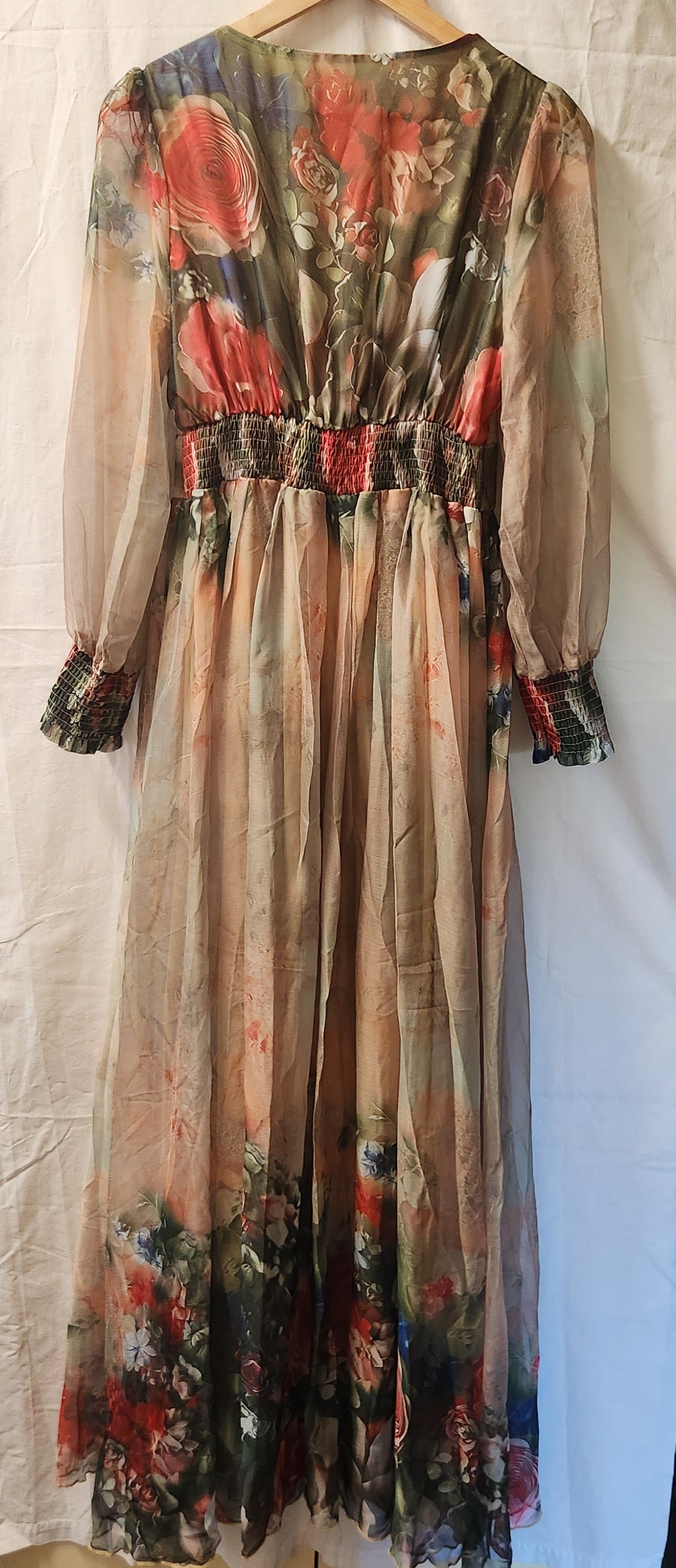 Toleen Women's Floral Maxi Dress Size M Sheer Long Sleeve Plunge Neck Elegant Occasion Dress
