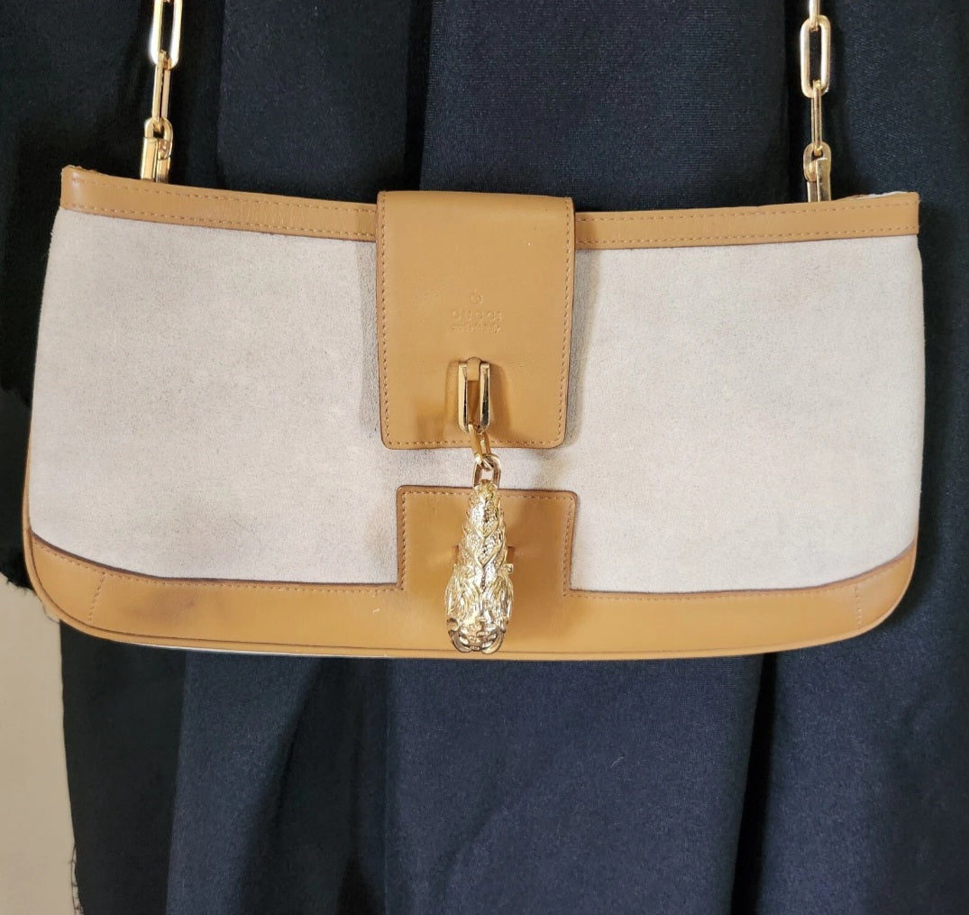 Authentic Gucci Tom Ford Tiger Charm Suede & Leather Shoulder Bag – Made in Italy