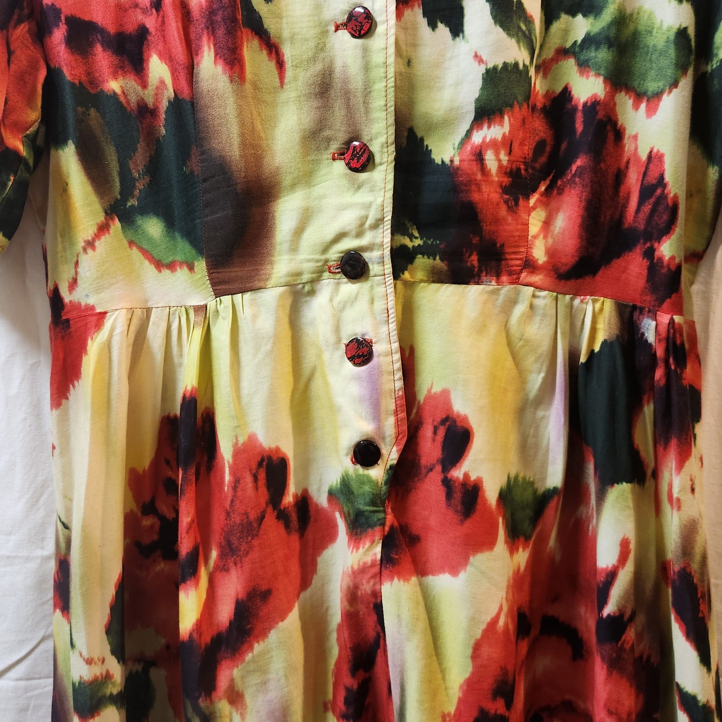 Women's Watercolour Floral Midi Dress Red Green Yellow Button Front Size L