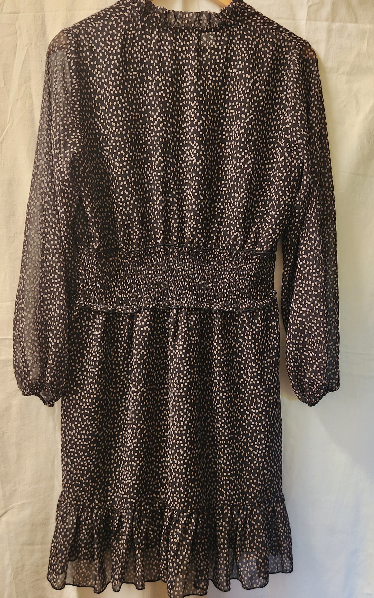 Brave + True Freya Dress BNWT Black Taupe Spot Shirred Waist Long Sleeve Size M