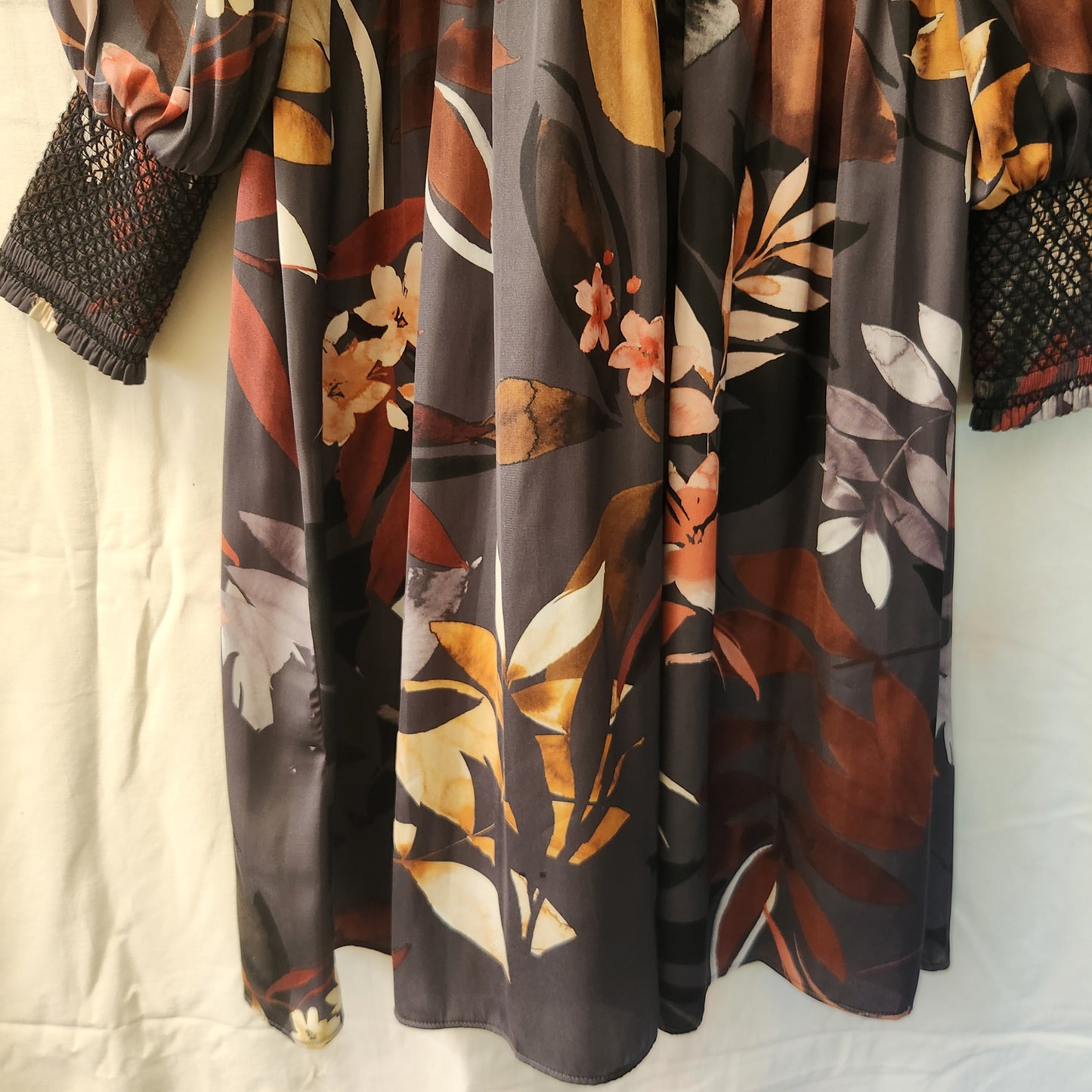 Witchery Floral Midi Dress | Long Sleeve | Sheer Overlay | Elegant Autumn Tones | Size 12