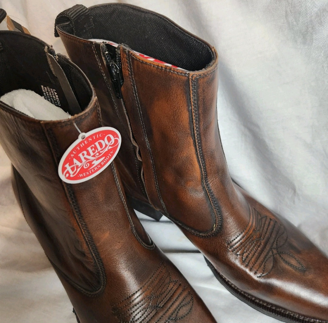 Laredo Men's Leather Western Ankle Boots Tan Brown Side Zip US 9D BNIB