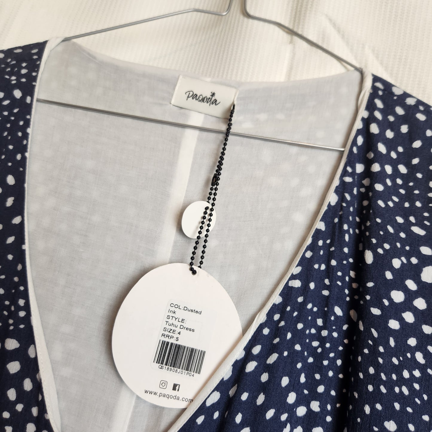 BNWT Paqoda Tuhu Dress Dusted Ink Blue White Spot Print Rayon Size 4