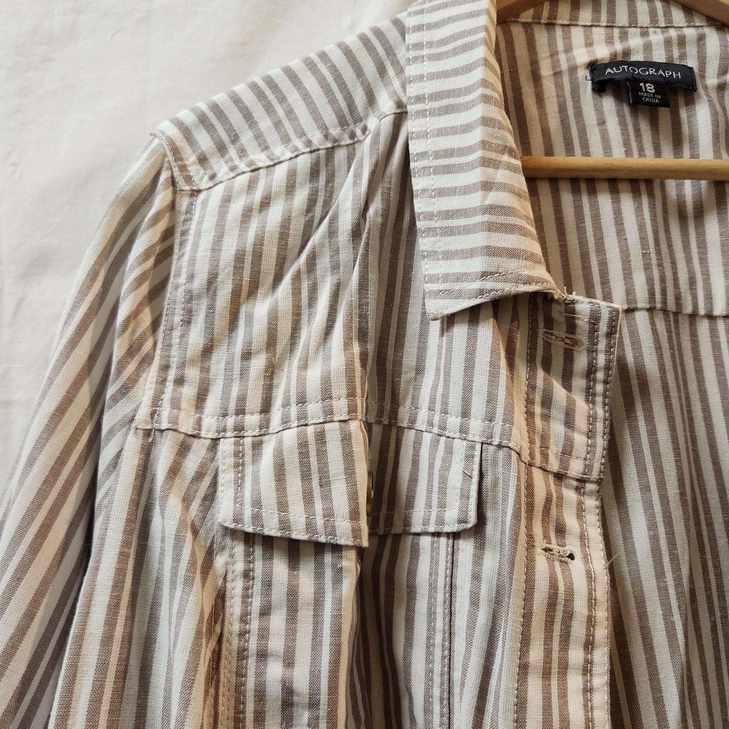 Autograph Linen Blend Stripe Utility Jacket Size 18 Taupe White Lightweight Women's