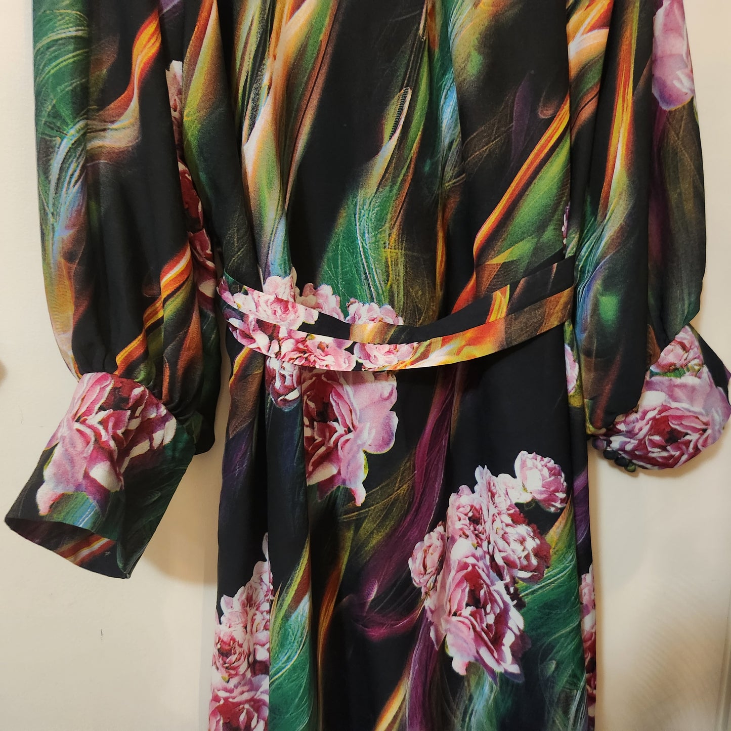 Tatiana Jewel Victorian Inspired Floral Midi Dress Black Pink Green Long Sleeve Belted