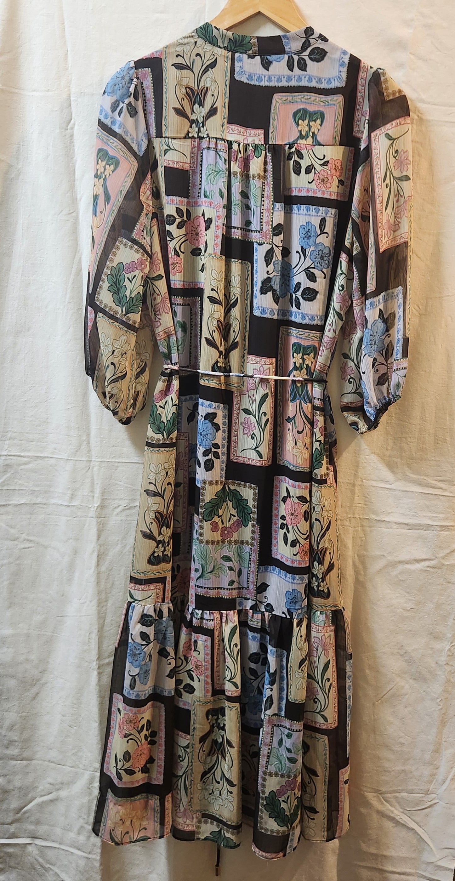 Portmans Floral Patchwork Midi Dress – Size 12 | Sheer Sleeves | Lined