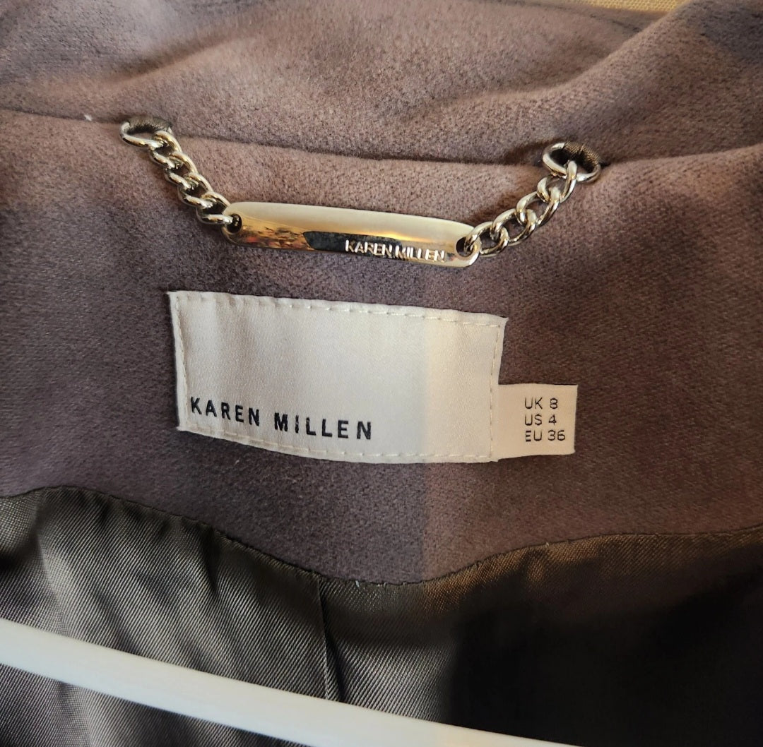 Karen Millen Faux Suede Asymmetric Zip Long Coat - Taupe Grey - UK 8