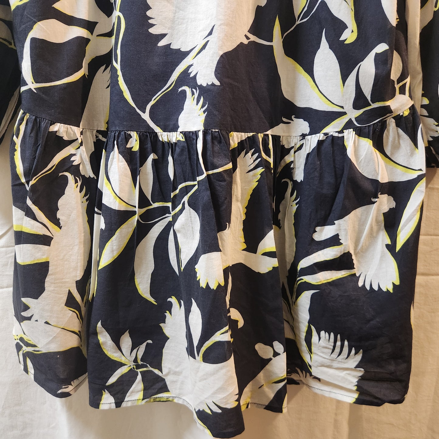 Seafolly Australia Bird Print Tiered Mini Dress Navy White Long Sleeve Size L