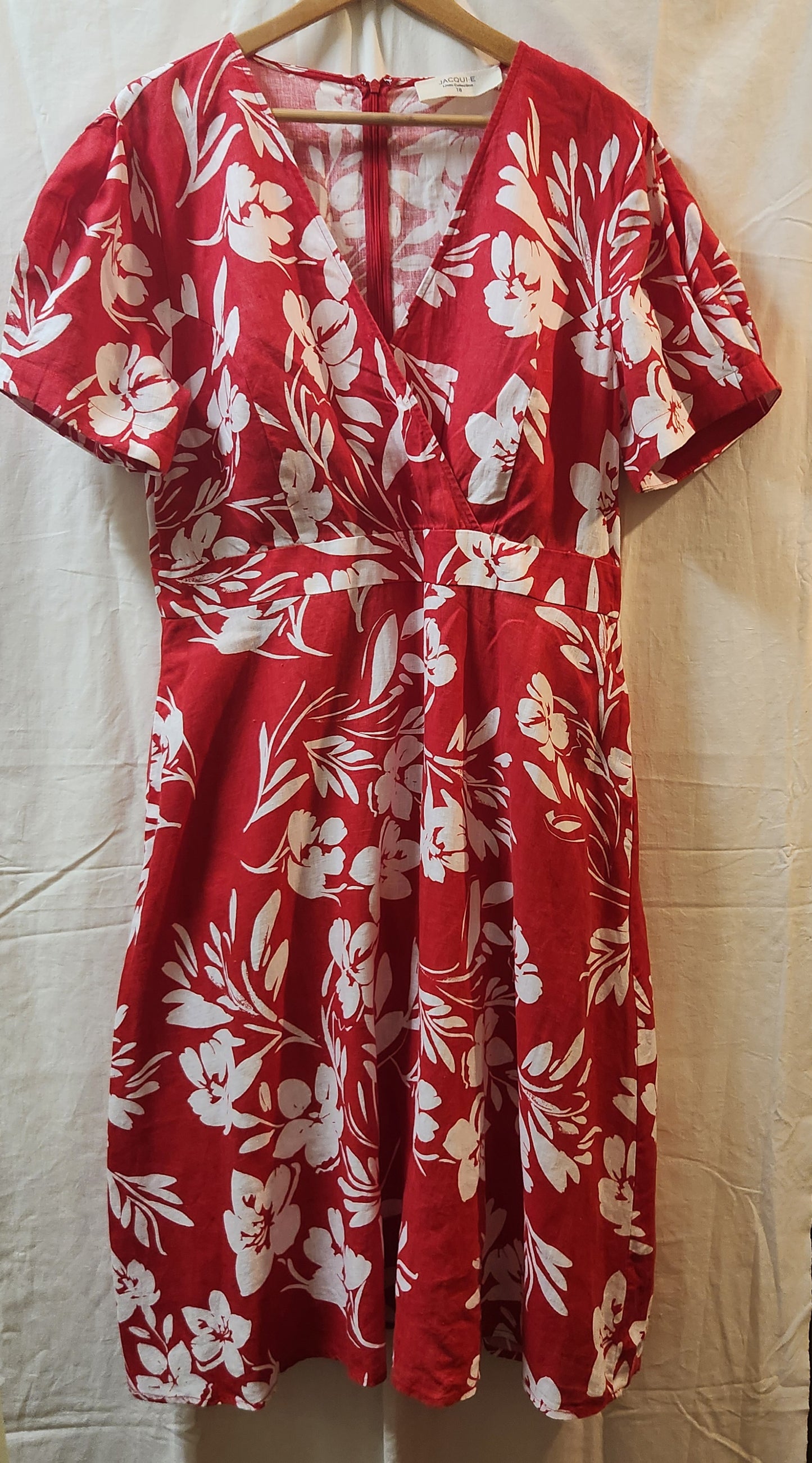 Jacqui E Linen Collection Red Floral Wrap Style Midi Dress Size 18