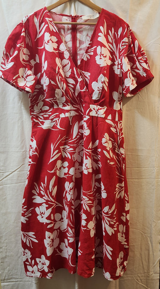 Jacqui E Linen Collection Red Floral Wrap Style Midi Dress Size 18