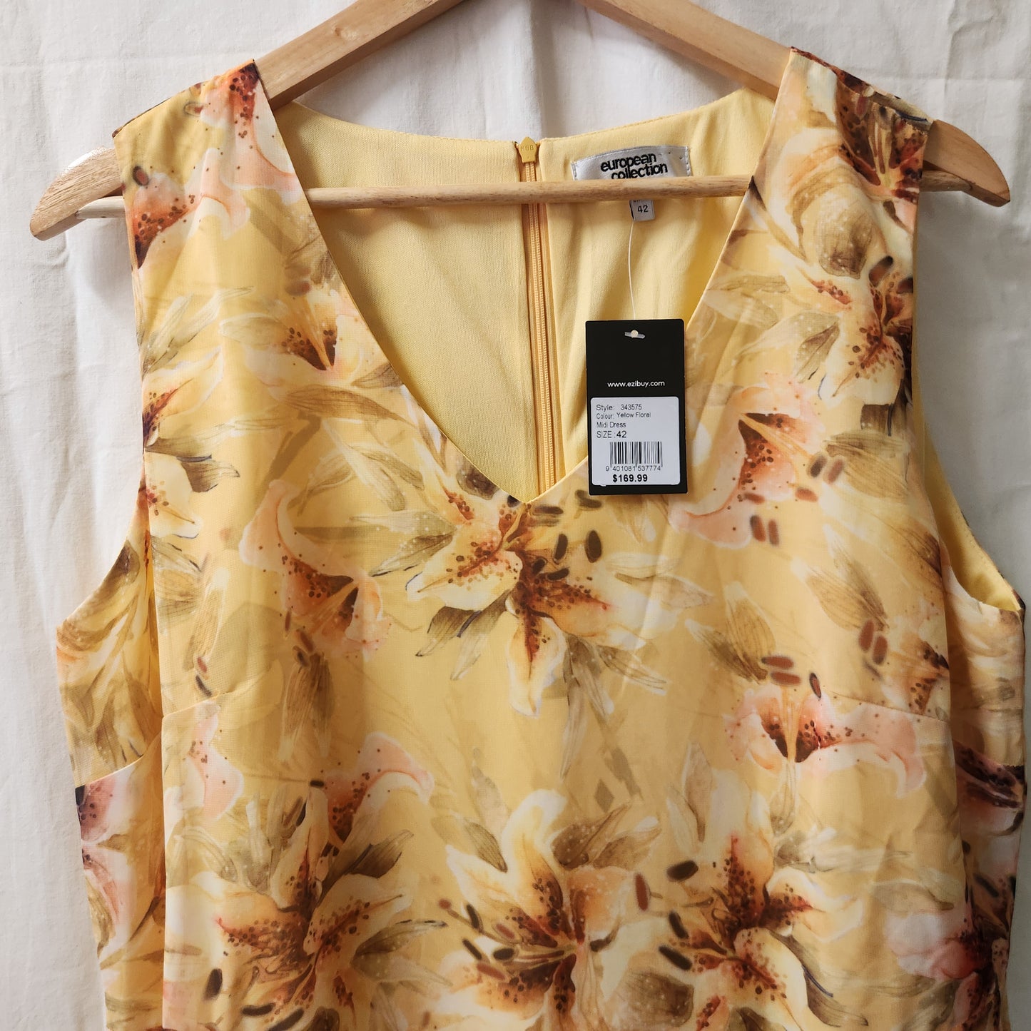 European Collection Yellow Floral Midi Dress Size 42 BNWT Sleeveless Lined Elegant