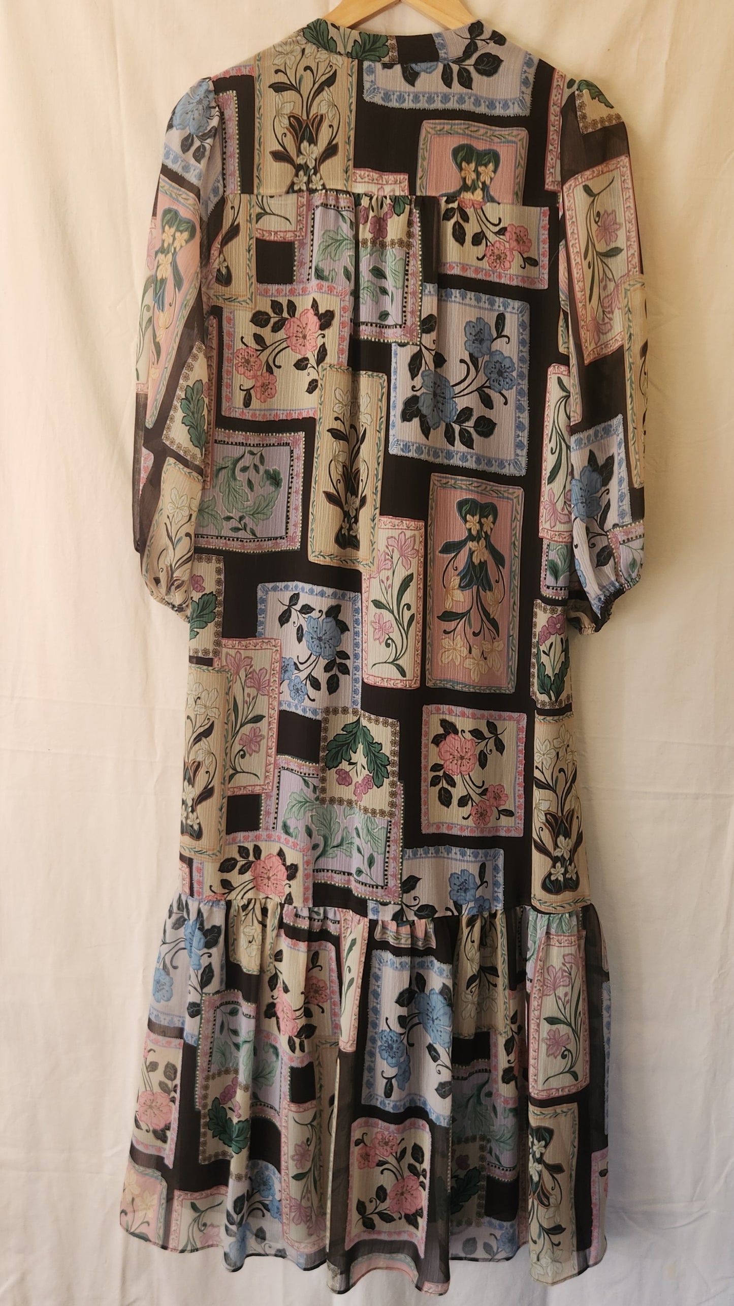 Portmans Floral Patchwork Midi Dress – Size 12 | Sheer Sleeves | Lined