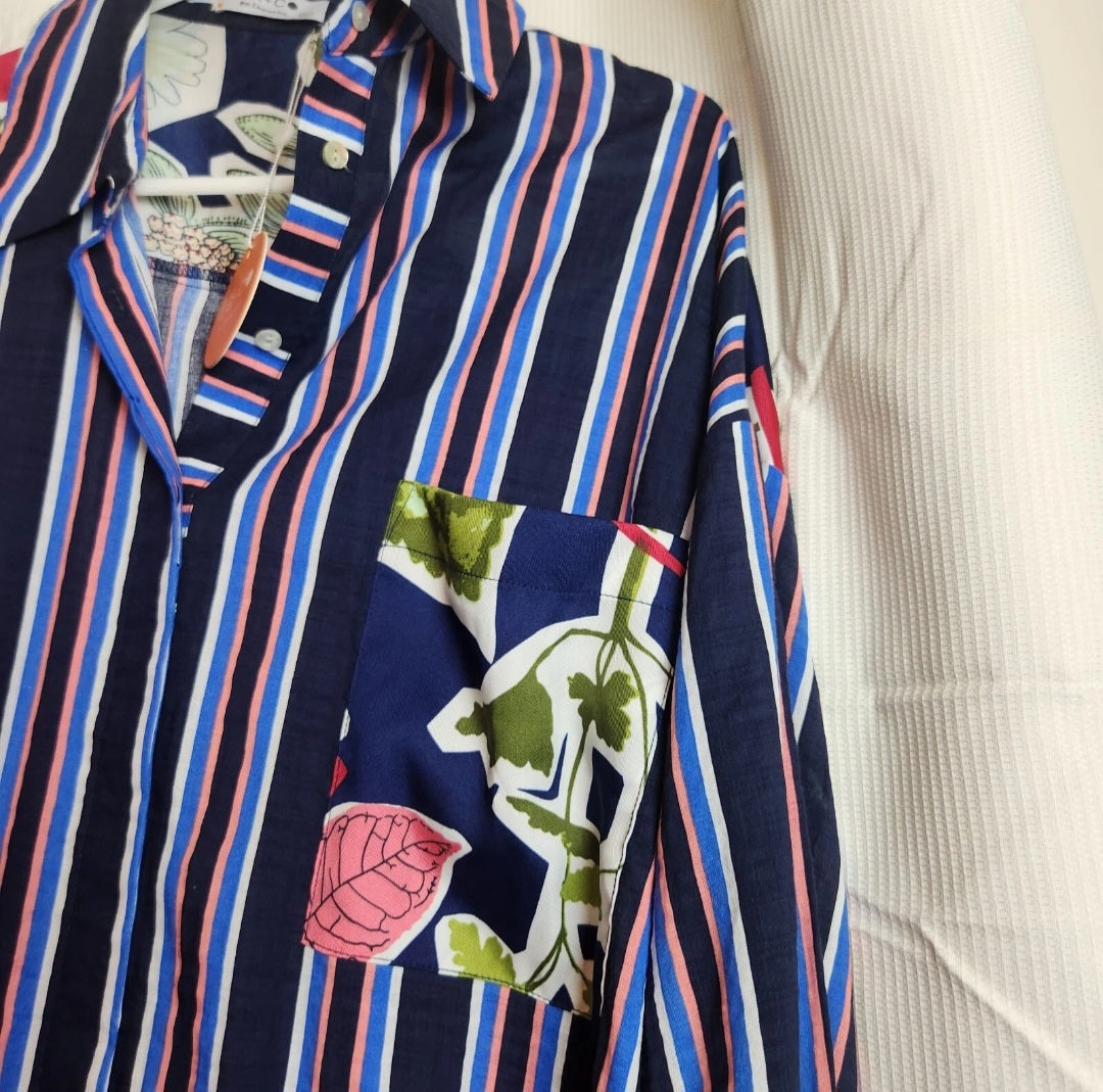 LD+Co Melbourne Striped Shirt Dress XL Navy Floral Contrast BNWT