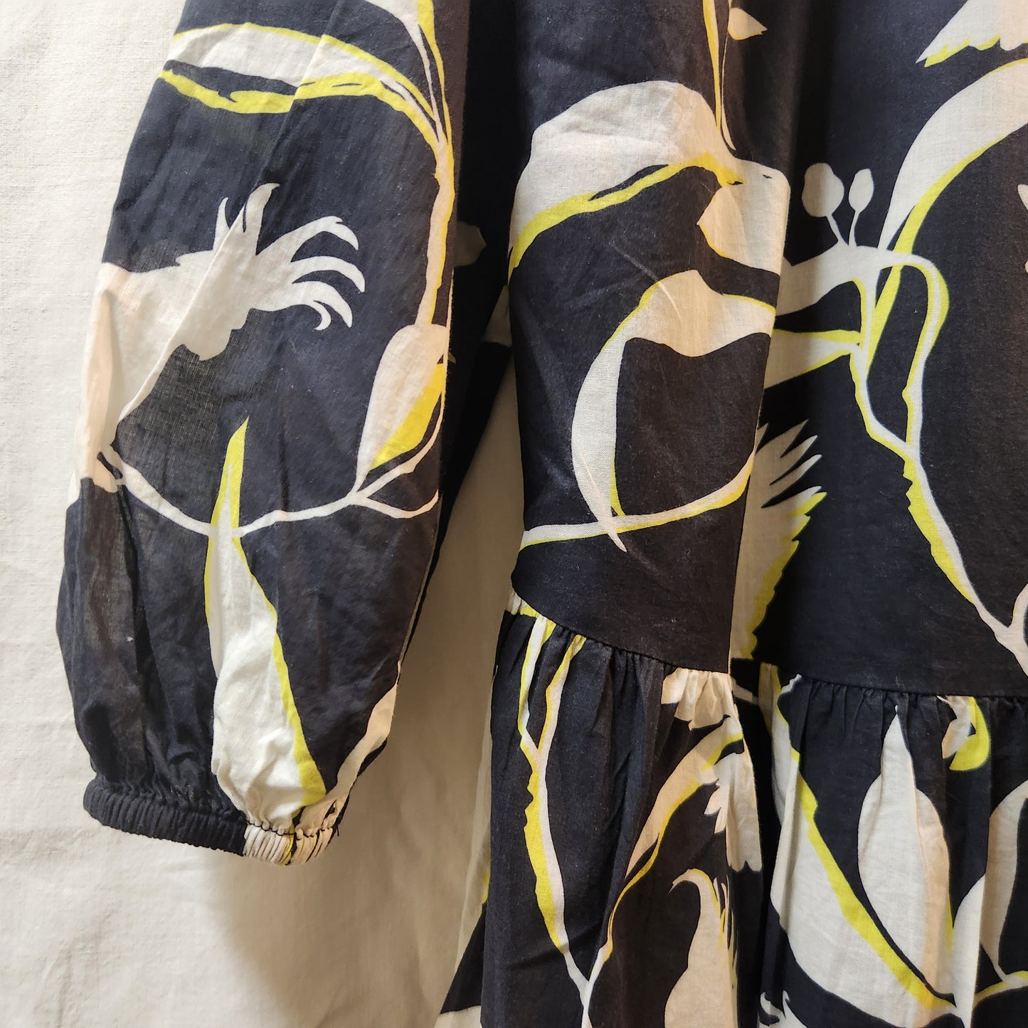 Seafolly Australia Bird Print Tiered Mini Dress Navy White Long Sleeve Size L