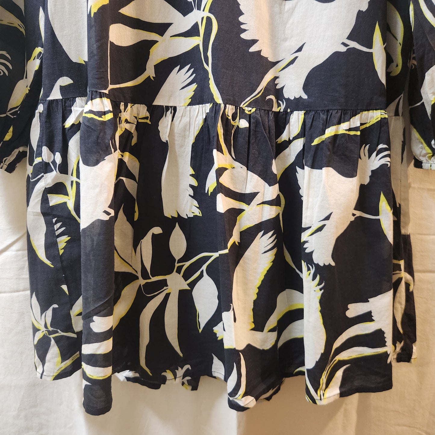Seafolly Australia Bird Print Tiered Mini Dress Navy White Long Sleeve Size L