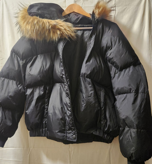 SHEIN Curve Black Faux Fur Hooded Puffer Jacket | Plus Size 1XL | Winter Coat