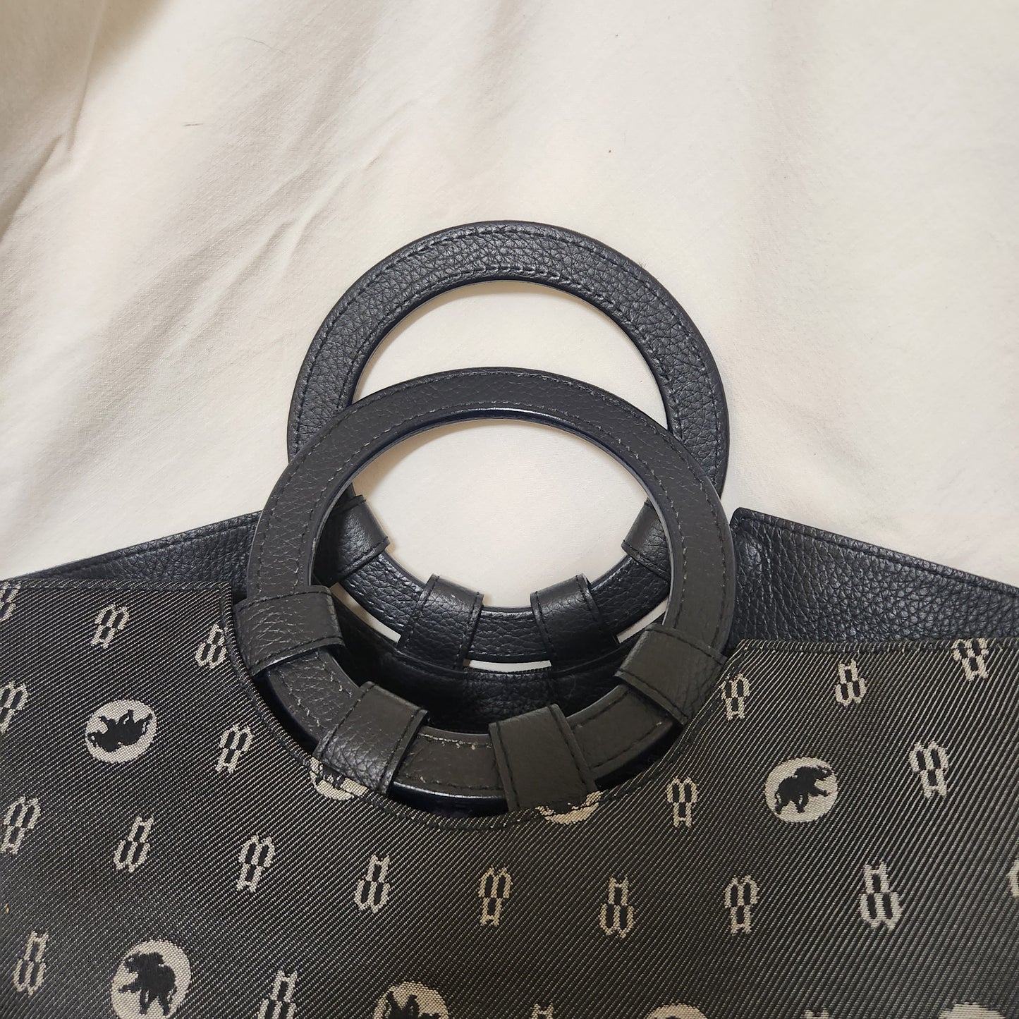 Hunting World New York Grey Jacquard Tote Bag Leather Round Handle Designer Handbag